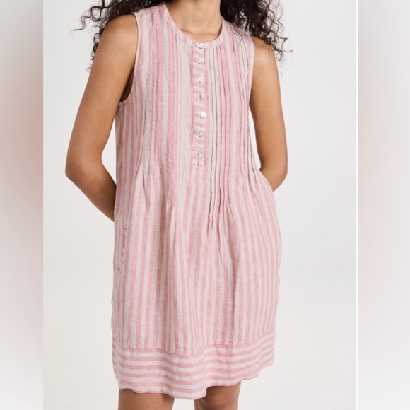 Faherty Pink Cinque Terre Striped Isha‎ Linen Sleeveless Dress - Small